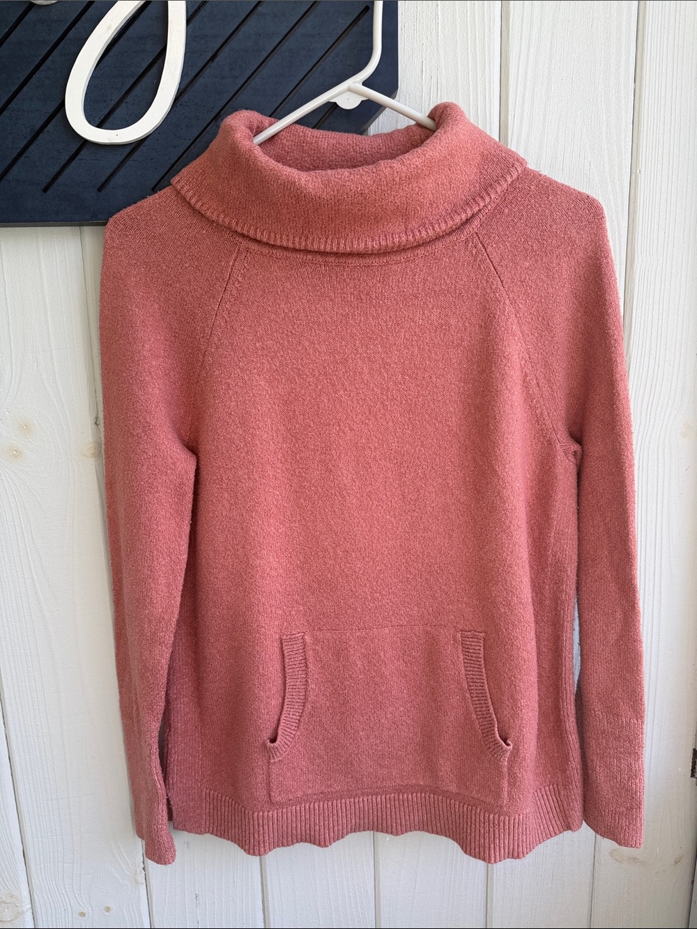 LOFT Dusty Rose Cowl-Neck Sweater with Front Pocket
